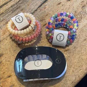 Teleties Accessories Set - Multicolor hair bands and large flat black clip.